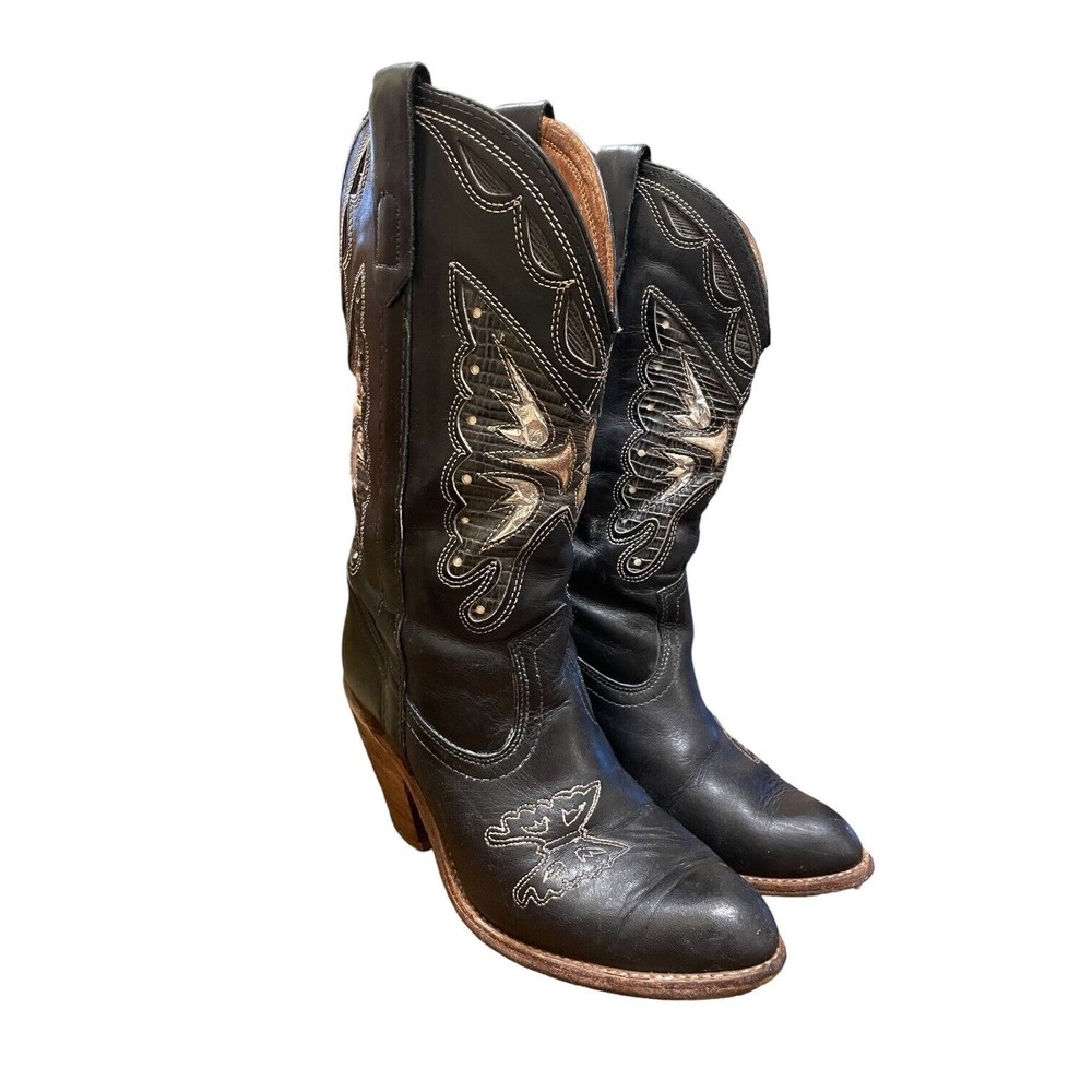 MISS CAPEZIO USA Made Vintage Black Leather Metallic Butterfly Cowboy Boots 8 - Picture 5 of 16